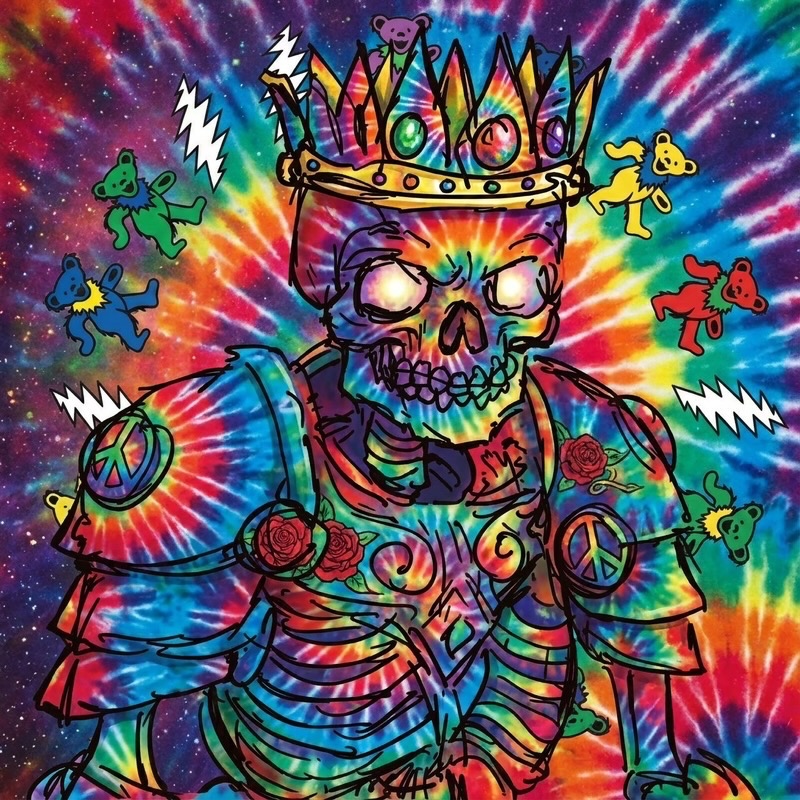 Cosmic Fisherman's Meditation - Meditative skeleton in ornate robes sitting on floating island, fishing in cosmic ocean filled with stars, lily pads, and fiery comets