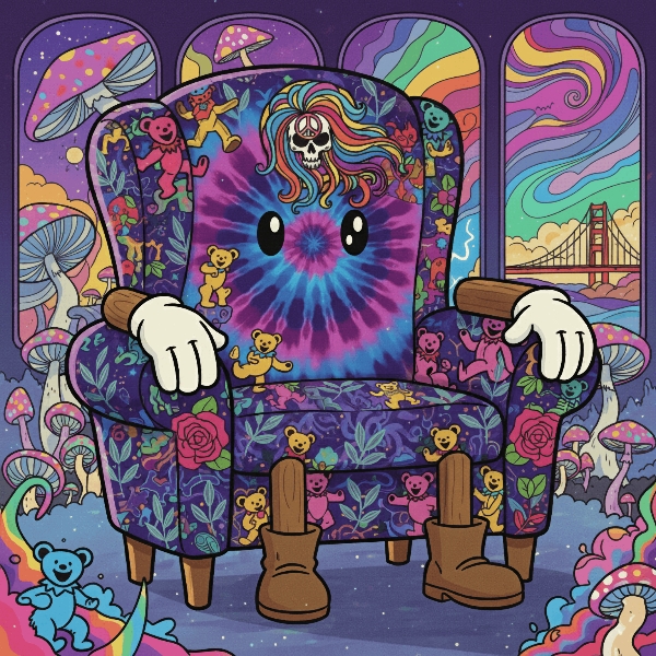 Cosmic Carousel Dreams - Magical carousel with glowing skeleton conductor, winged horses, ethereal figures floating in rainbow vortex sky above psychedelic checkered floor