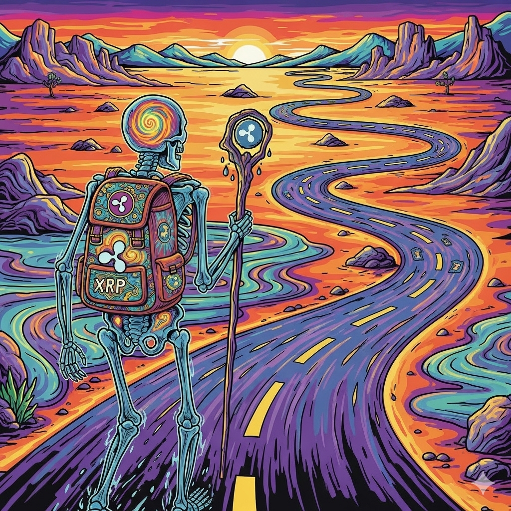 Cosmic Skeleton's XRP Lollipop - Electric blue skeleton holding mystical XRP logo lollipop surrounded by ethereal entities in psychedelic cosmic realm